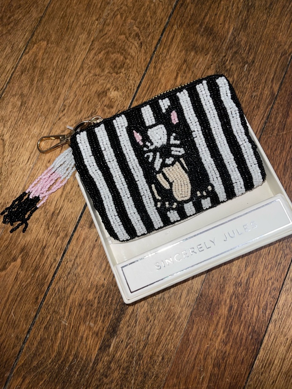 NEW Beaded bull Dog Stripe Coin Purse - Black & White with Pink Accent